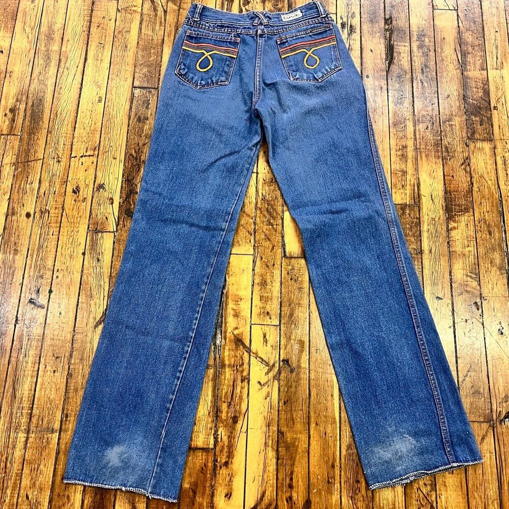 vintage 1970's women's bootcut distressed embroidered jeans medium wash 28x33